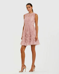 High Neck Sleeveless Micro Ruffle Mini Dress