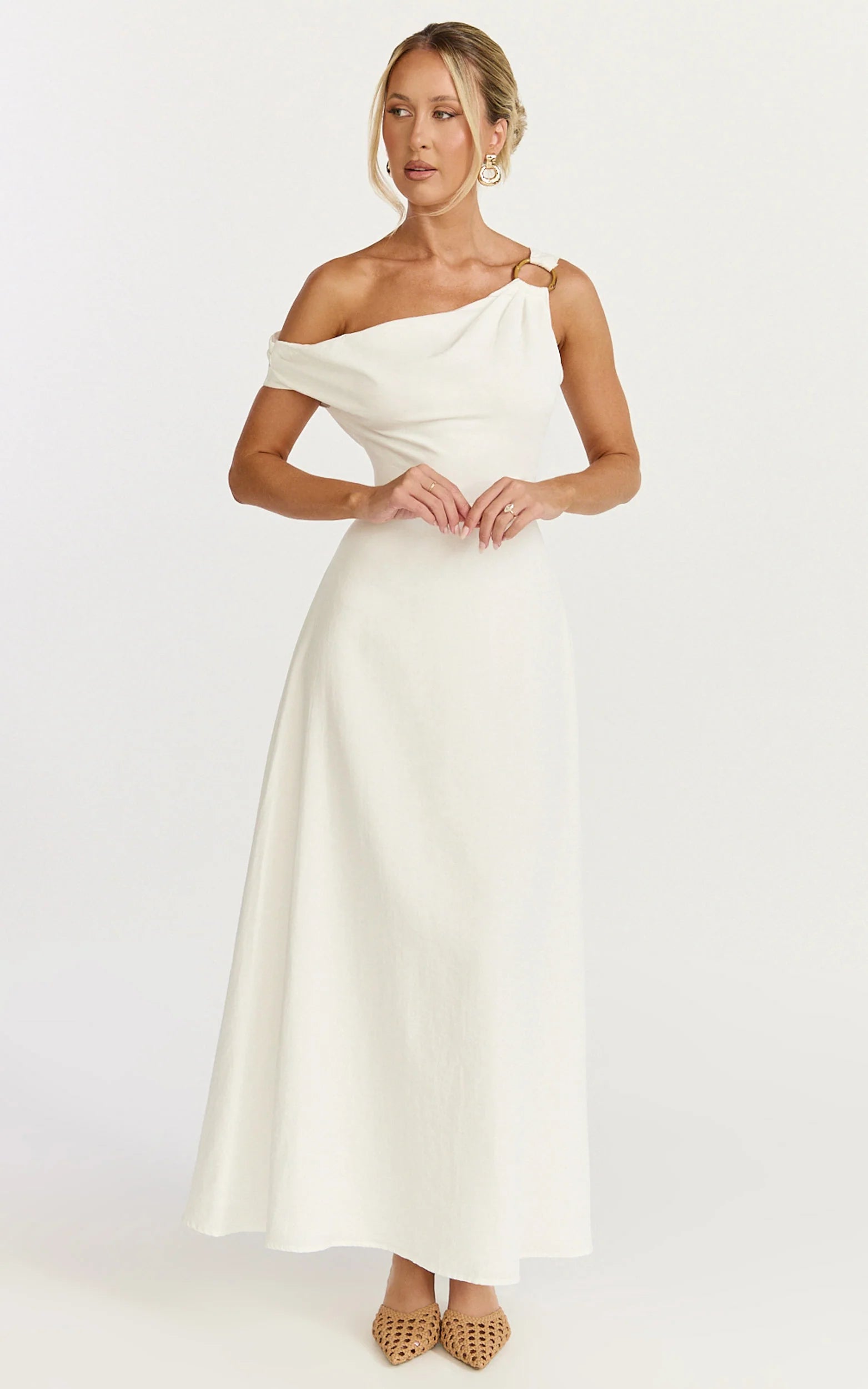 Amber Midi Dress - Off The Shoulder Hardware Detail A Line Dress in White