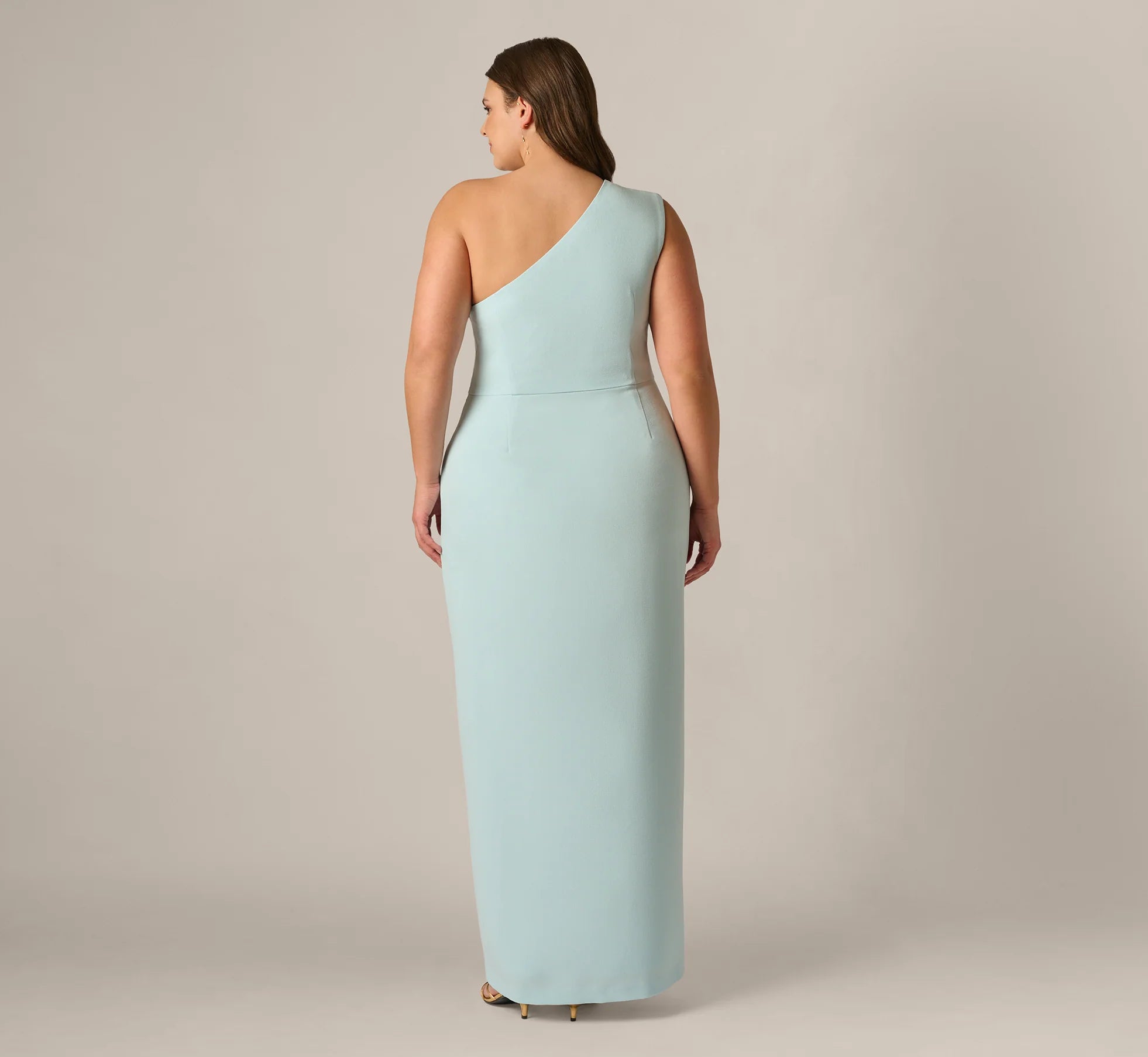 Plus Size One Shoulder Draped Ruffle Stretch Gown In Clear Sky