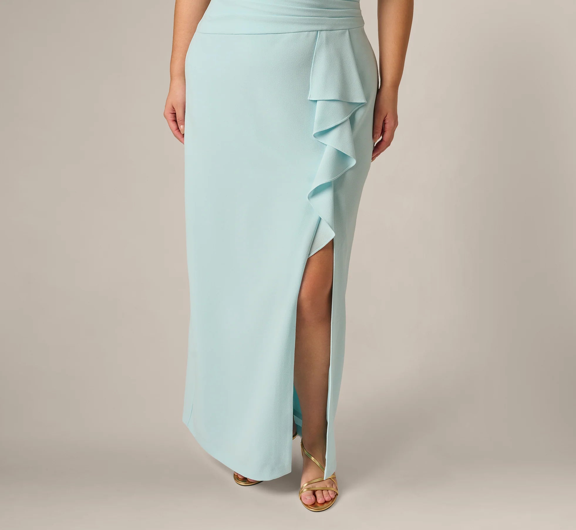 Plus Size One Shoulder Draped Ruffle Stretch Gown In Clear Sky