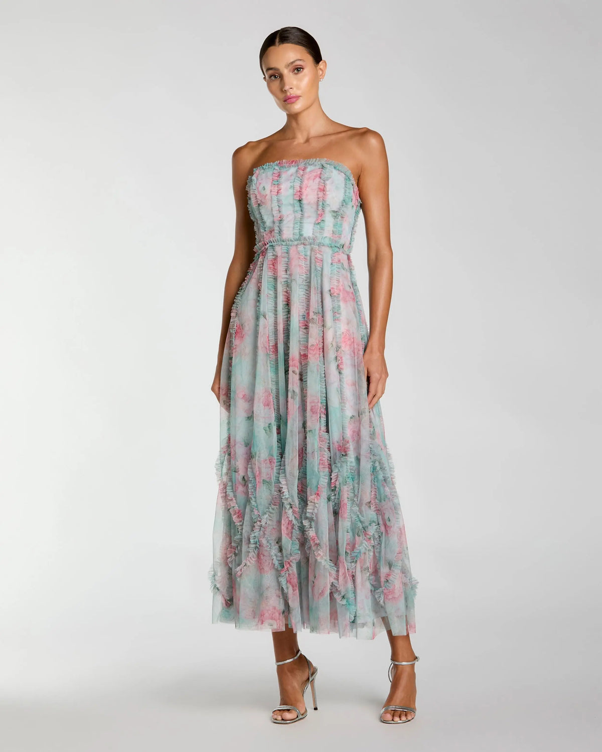 Blue Strapless Floral Ruffle Dress