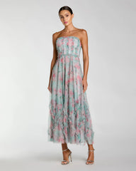 Blue Strapless Floral Ruffle Dress