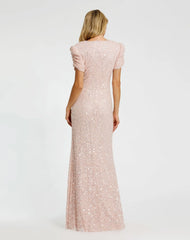 Petite Pink Gathered Short Sleeve Embellished Gown