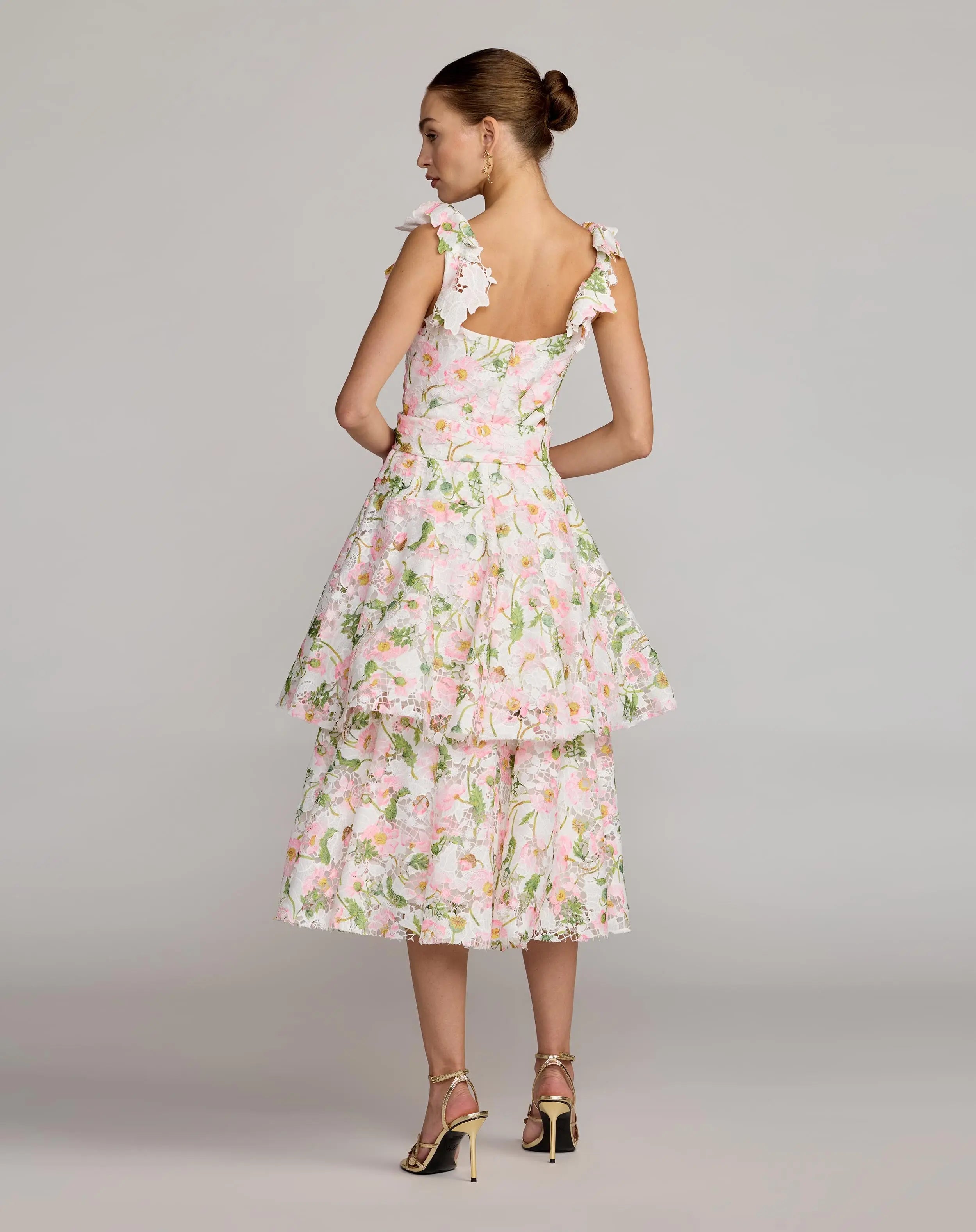 White Multicolor Floral Lace Tiered Midi Dress