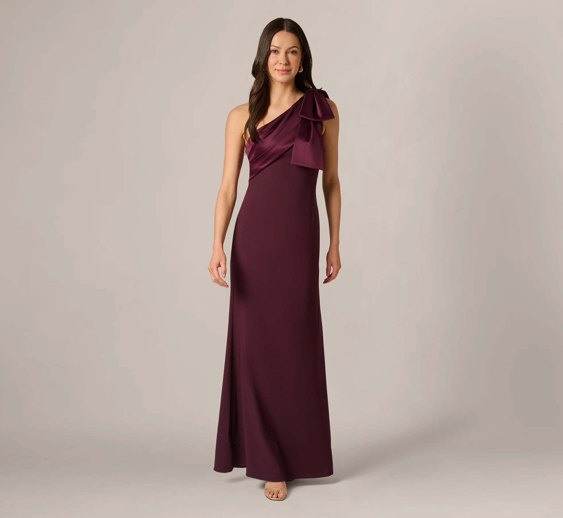 One Shoulder Satin Bow Crepe Gown In Bordeaux Glow