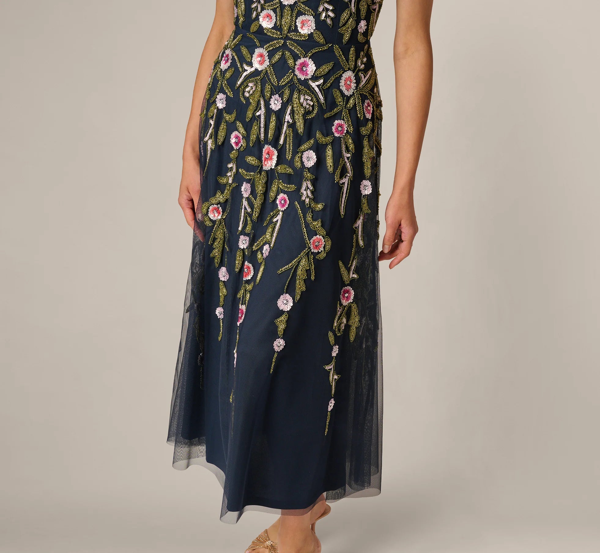 Off Shoulder Floral Beaded Ankle Length Dress In Navy Blush