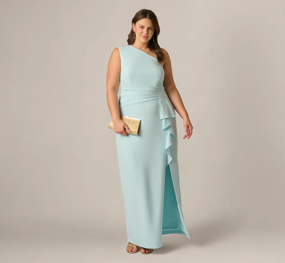 Plus Size One Shoulder Draped Ruffle Stretch Gown In Clear Sky
