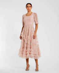 Short Sleeve Micro Ruffle Midi Dress