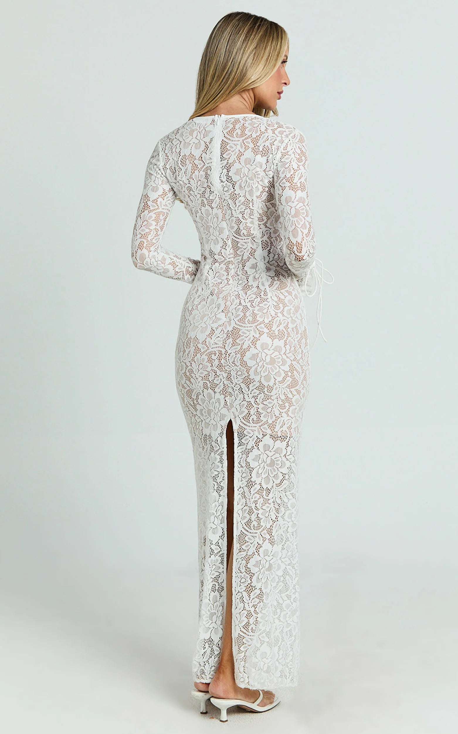 Paula Midi Dress - Lace V Neck Long Sleeve Column Dress in White