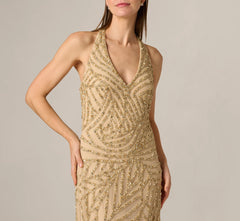 Sunburst Art Deco Beaded Halter Gown In Gold