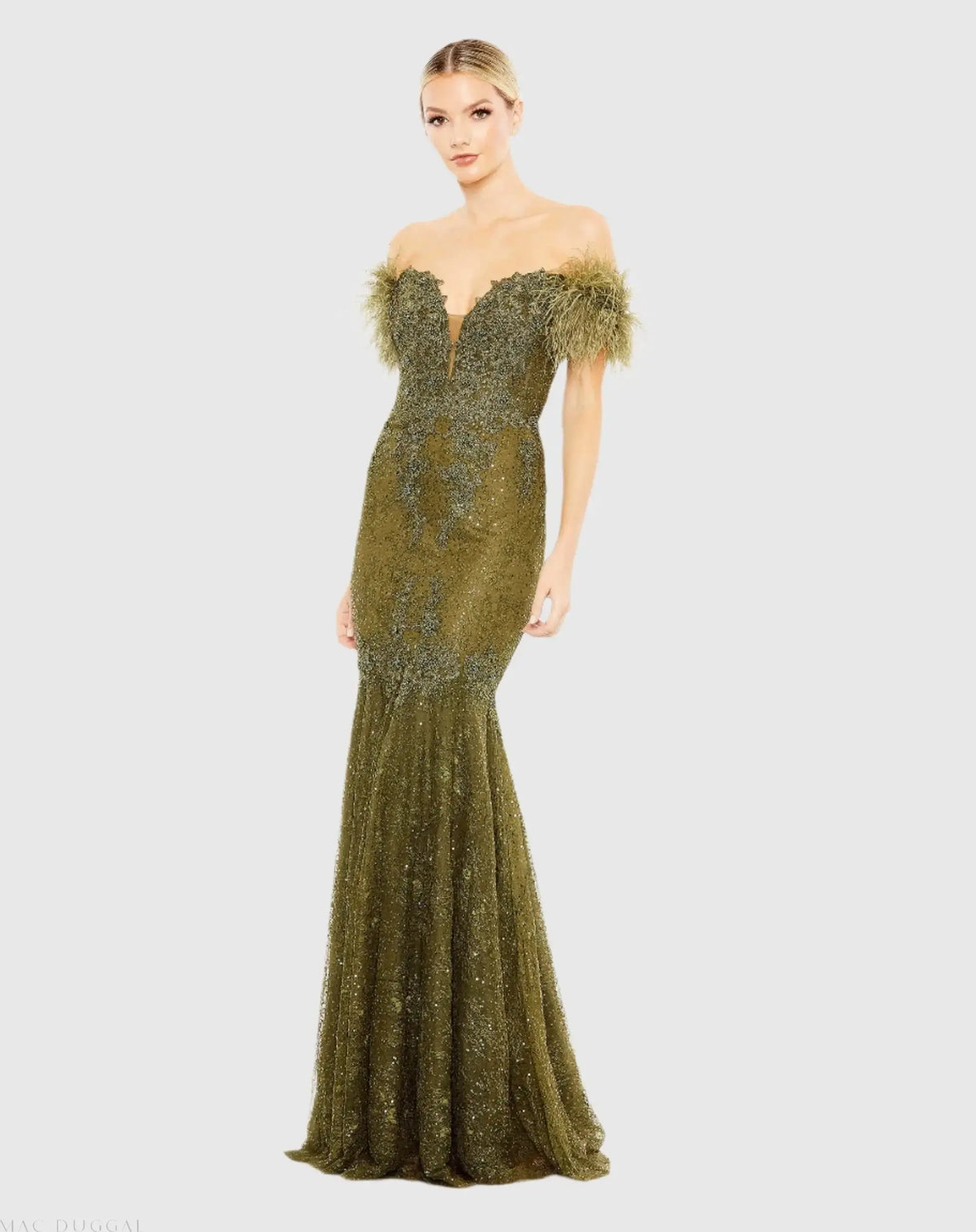 Green Off The Shoulder Embellished Lace Feather Trim Gown