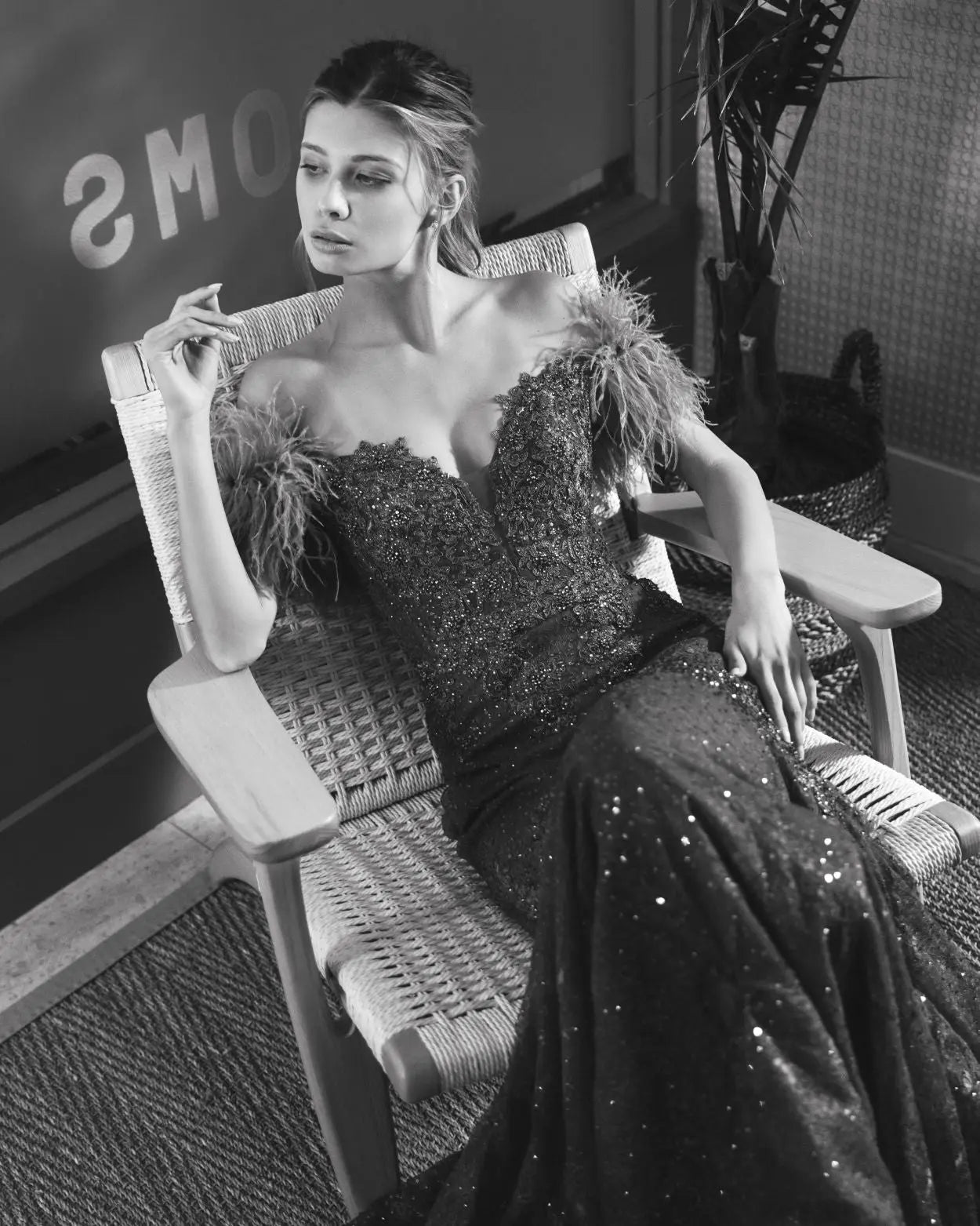 Green Off The Shoulder Embellished Lace Feather Trim Gown