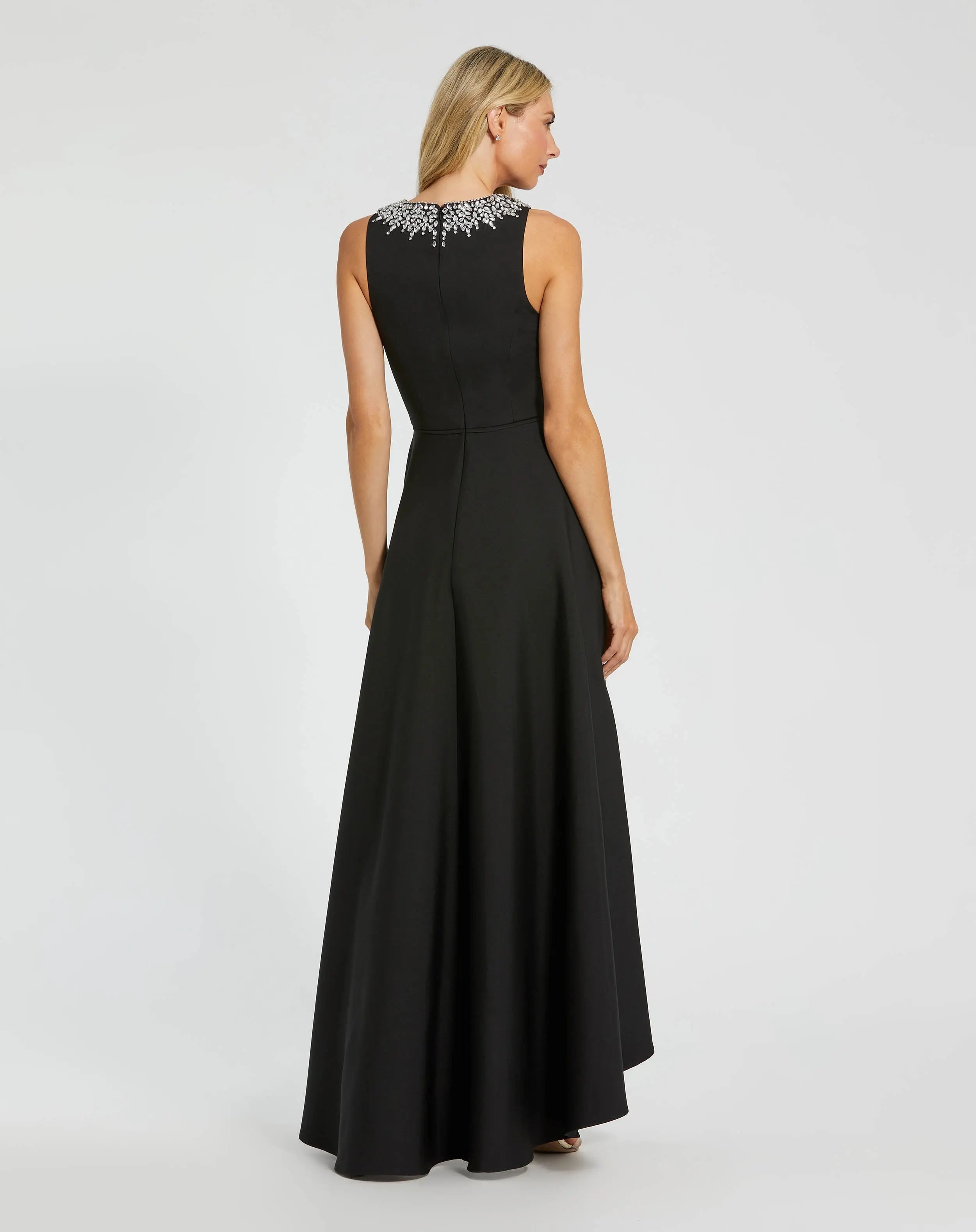 Black Crepe Embellished Neck High Low Gown