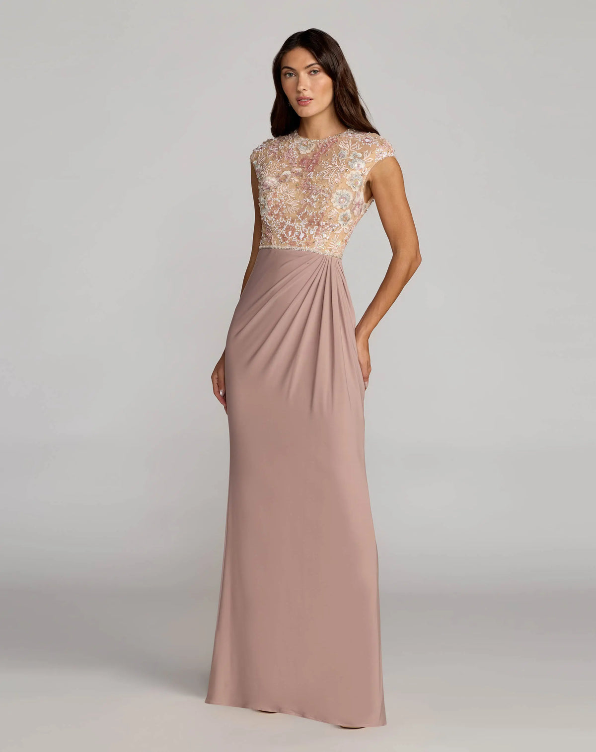 Purple Floral Embroidered Cap Sleeve Column Gown