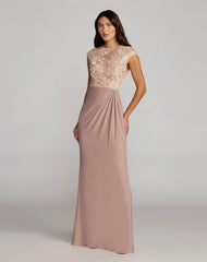 Purple Floral Embroidered Cap Sleeve Column Gown
