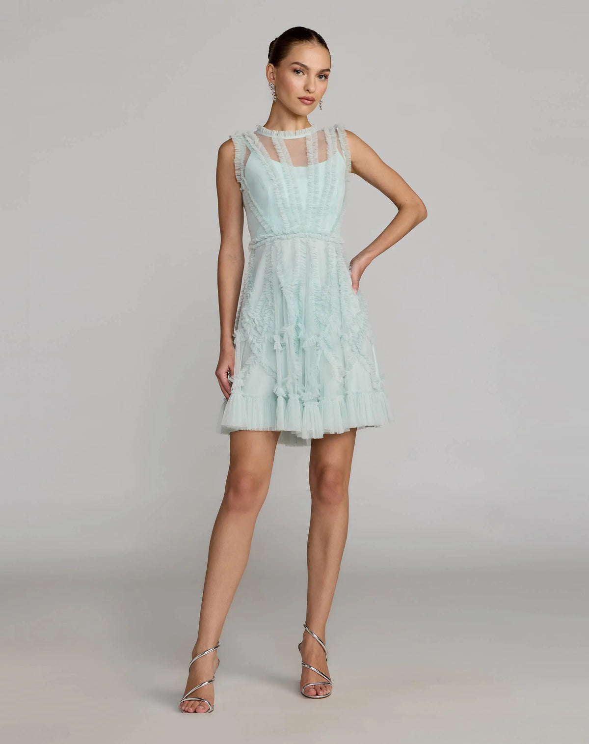 High Neck Sleeveless Micro Ruffle Mini Dress