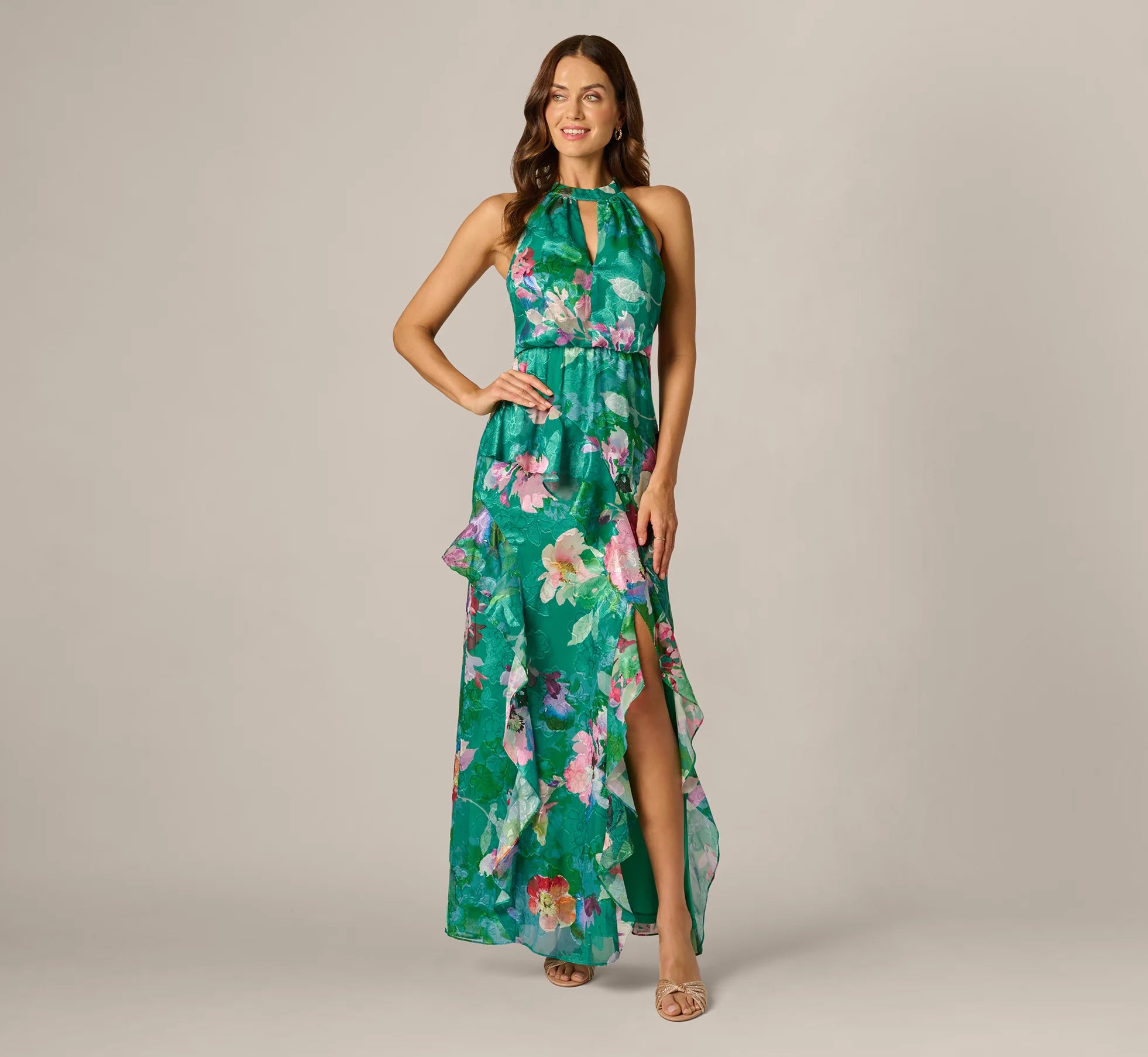 Floral Chiffon Blouson Ruffle Halter Gown In Green Multi