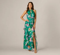 Floral Chiffon Blouson Ruffle Halter Gown In Green Multi