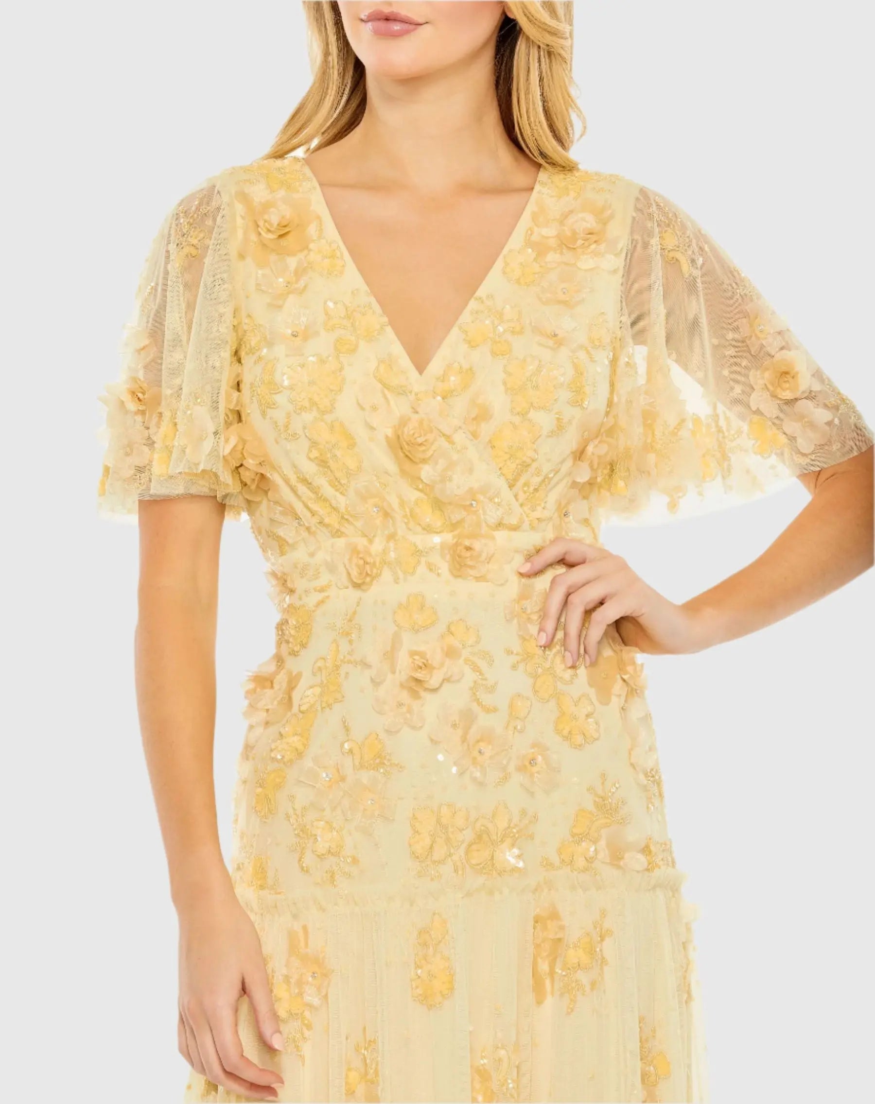 Yellow Floral Embellished Flutter Sleeve Dress