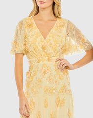 Yellow Floral Embellished Flutter Sleeve Dress