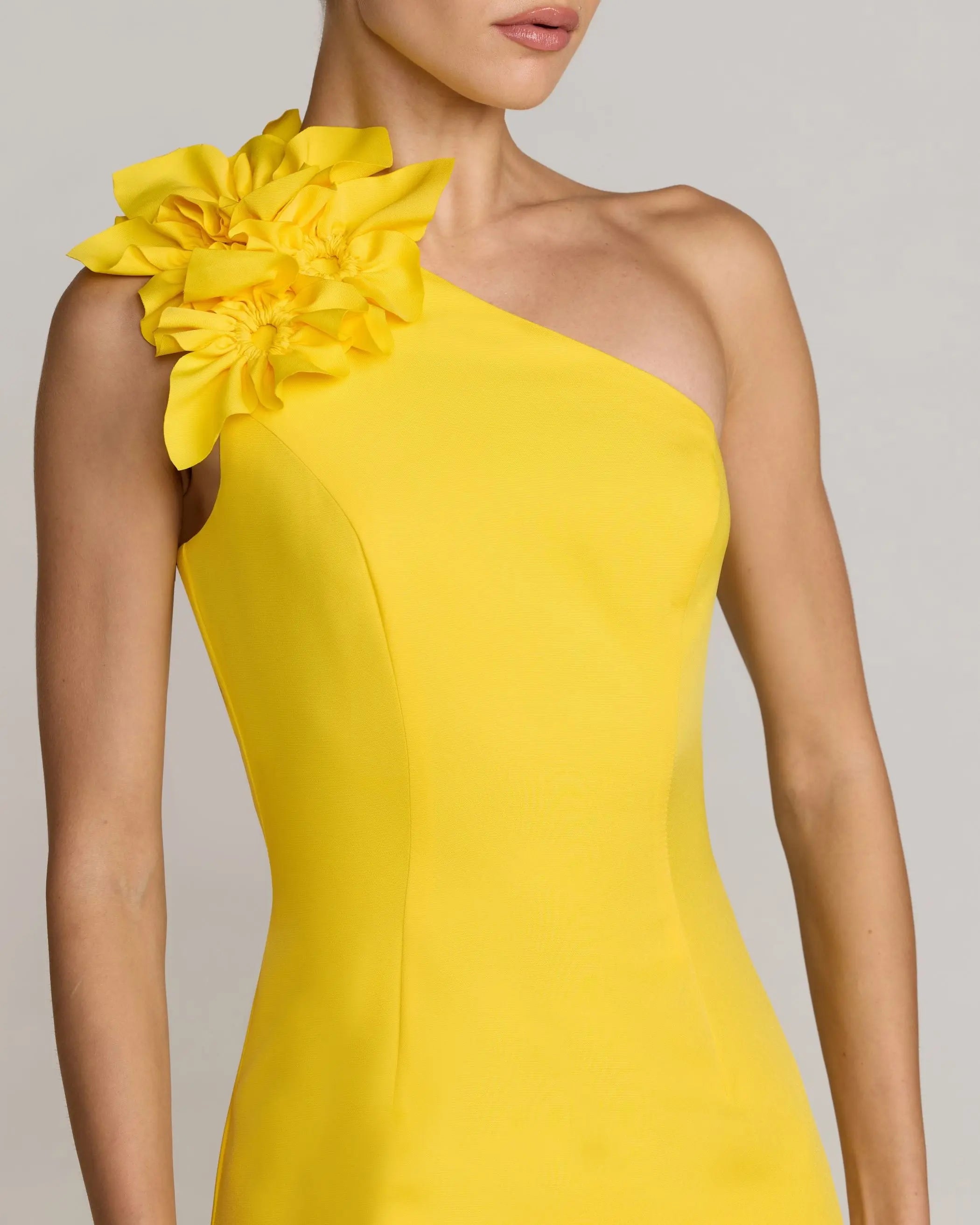 Yellow One Shoulder Crepe Gown with 3D Flower