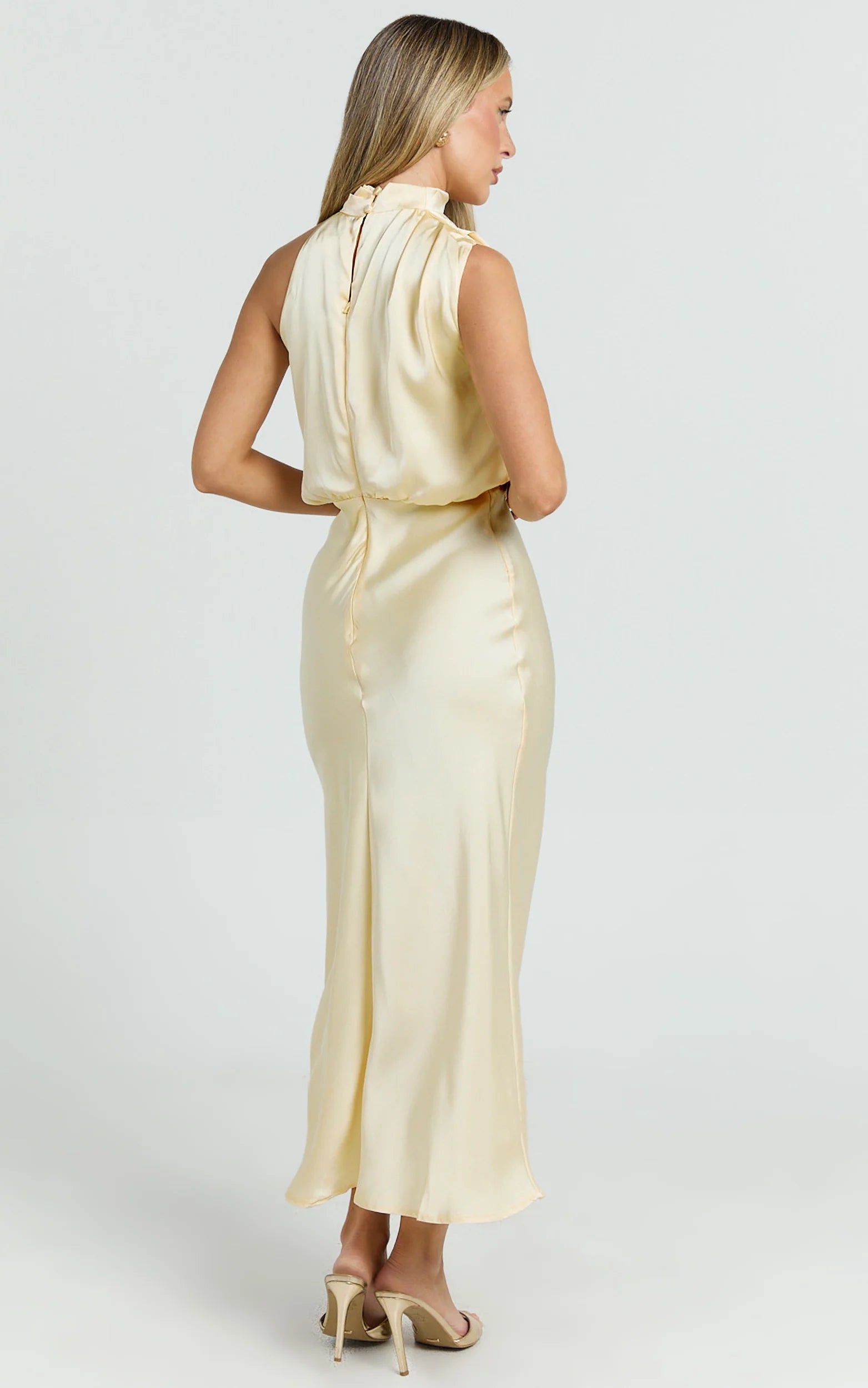 Minnie Midi Dress - Drape Neck Satin Slip Dress in Butter Yellow