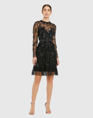 Sheer Long Sleeve Embellished Mini Dress