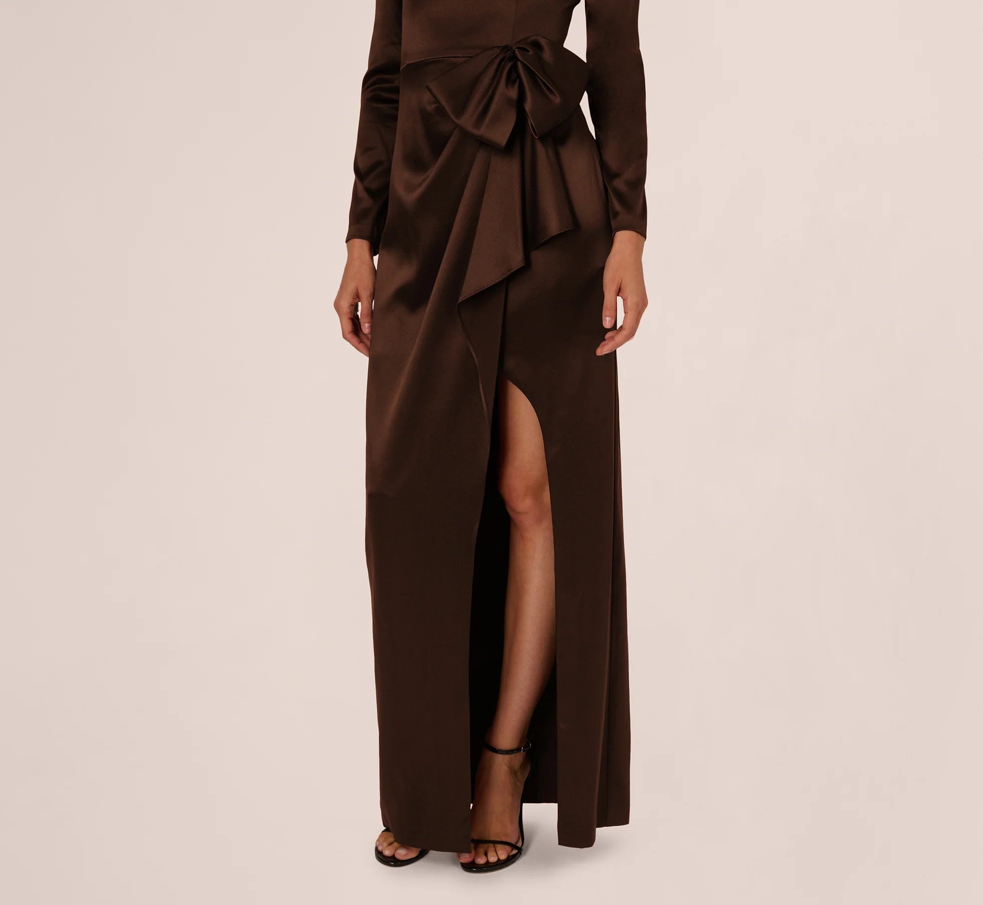 Long Sleeve Satin Bow Gown In Chocolate