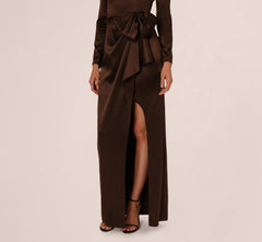Long Sleeve Satin Bow Gown In Chocolate