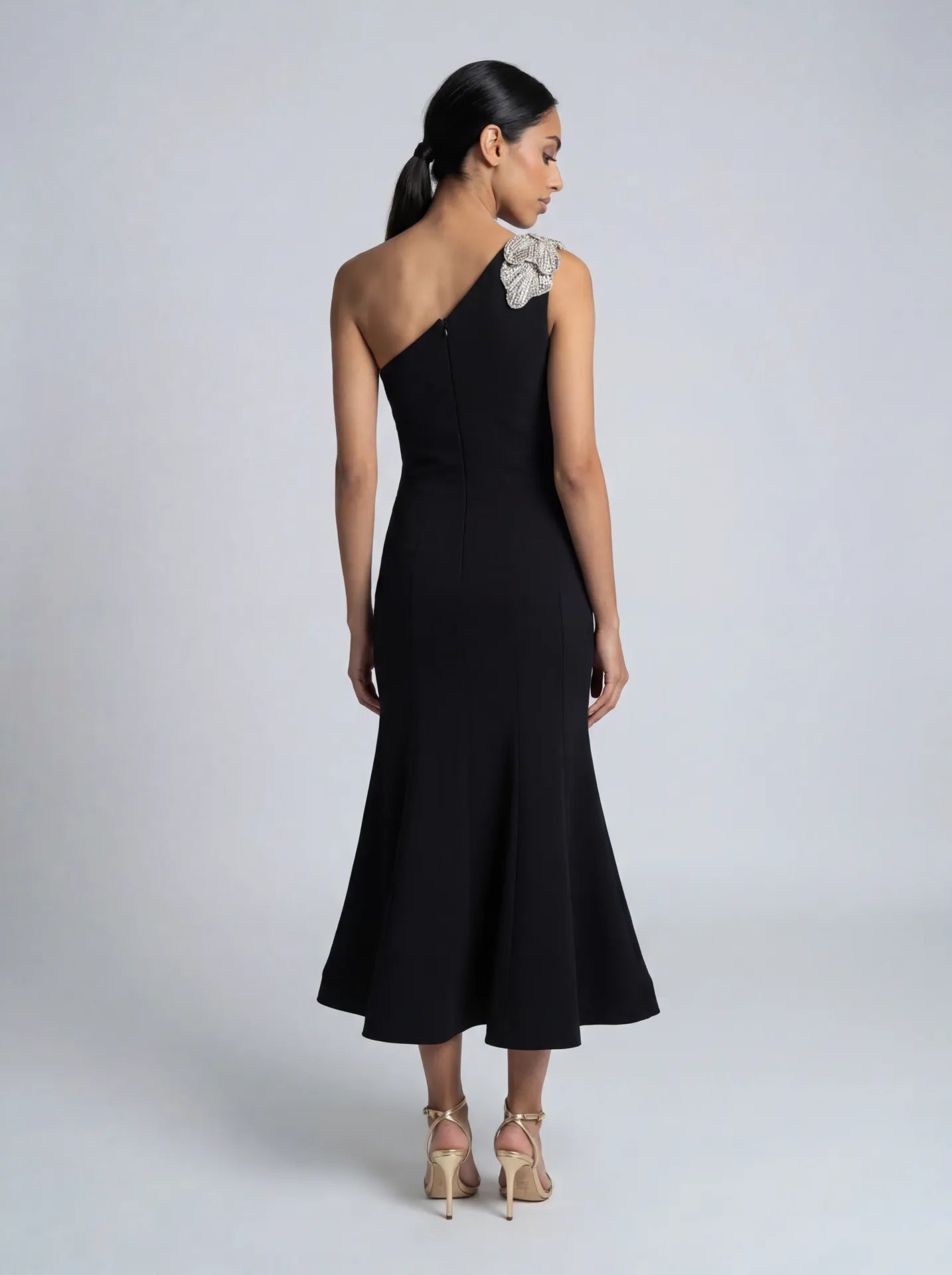 Petite Black Crepe One Shoulder Mermaid Midi Dress With Flower