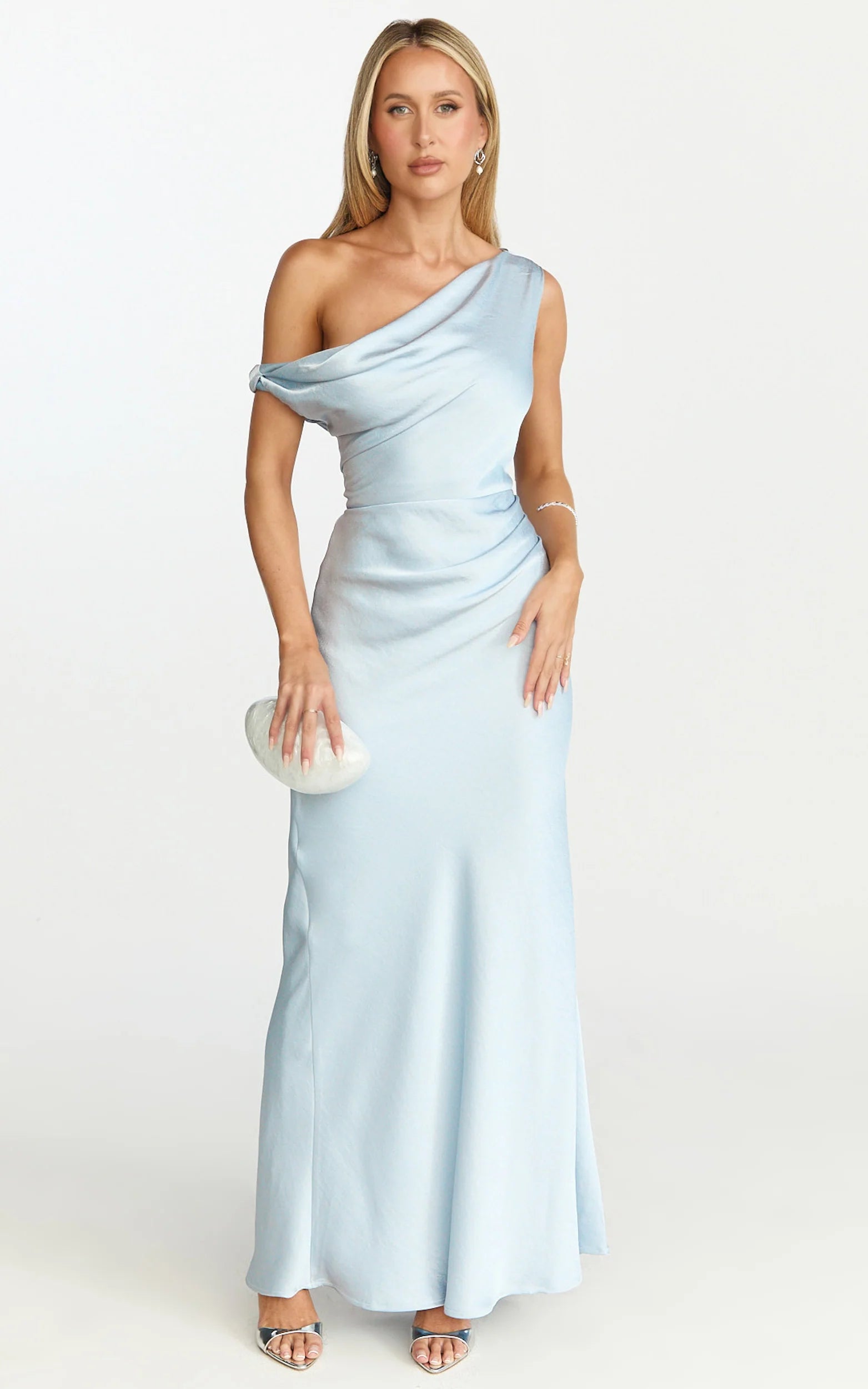 Lira Midi Dress - One Shoulder Satin Dress in Pale Blue