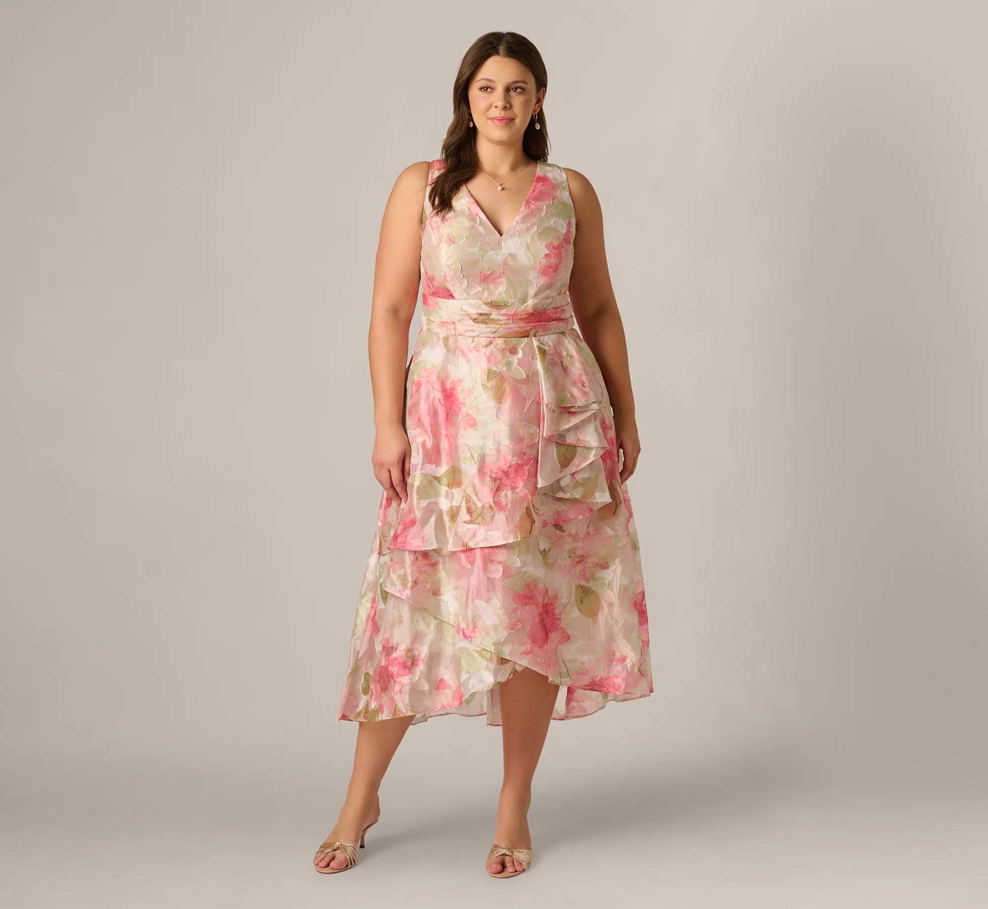 Plus Size Floral Organza Cascade High Low Midi Dress In Sage Multi