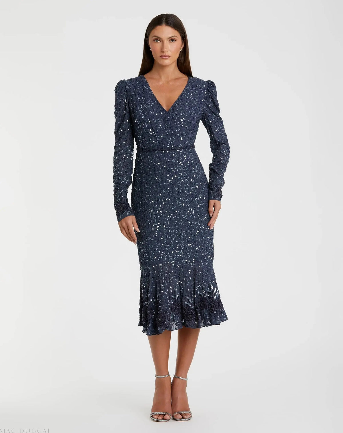 Blue Sequin Dress with Embellished Hemline and Belt - FINAL SALE