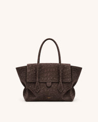 Mara Croc-Embossed Faux Suede Tote - Brown